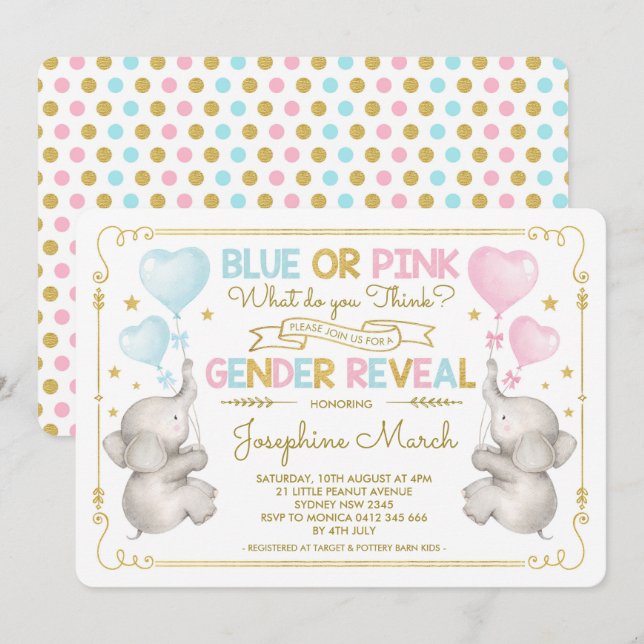 Twillingar Elephant Gender Reveal Blue Rosa Baby G Inbjudningar (Fram/baksida)
