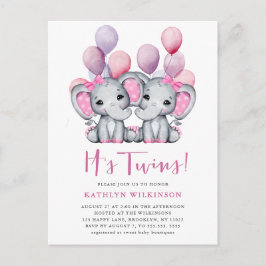 Twillingar Elephant Rosa Balloon Cute Baby Shower Inbjudan Vykort