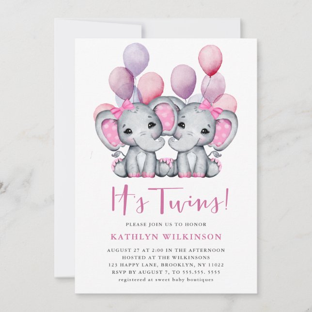 Twillingar Elephant Rosa Balloon Cute Baby Shower Inbjudningar (Framsida)