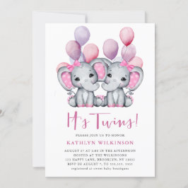 Twillingar Elephant Rosa Balloon Cute Baby Shower Inbjudningar