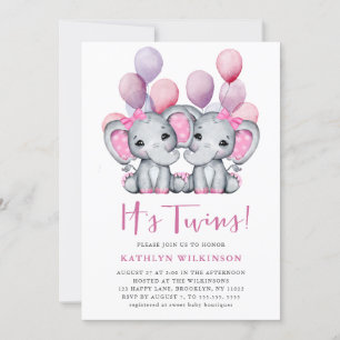 Twillingar Elephant Rosa Balloon Cute Baby Shower Inbjudningar