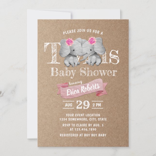 Twillingar Elephant Rustic Kraft Girl Baby Shower Inbjudningar (Framsida)