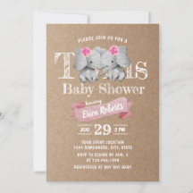 Twillingar Elephant Rustic Kraft Girl Baby Shower
