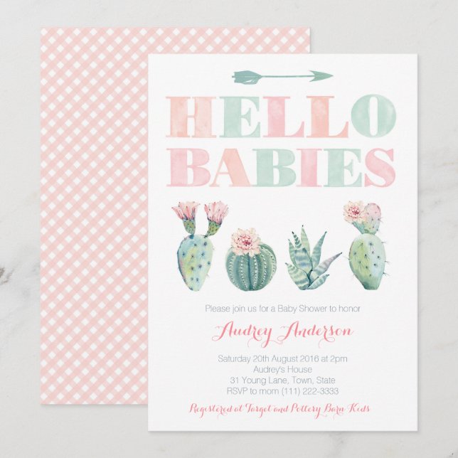 Twillingar eller Joint Baby Shower Party med Succu Inbjudningar (Fram/baksida)