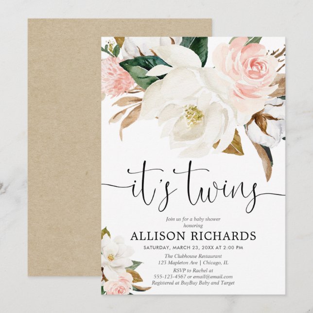Twillingar, flicka vit rosa, rustik babydusch inbjudningar (Fram/baksida)