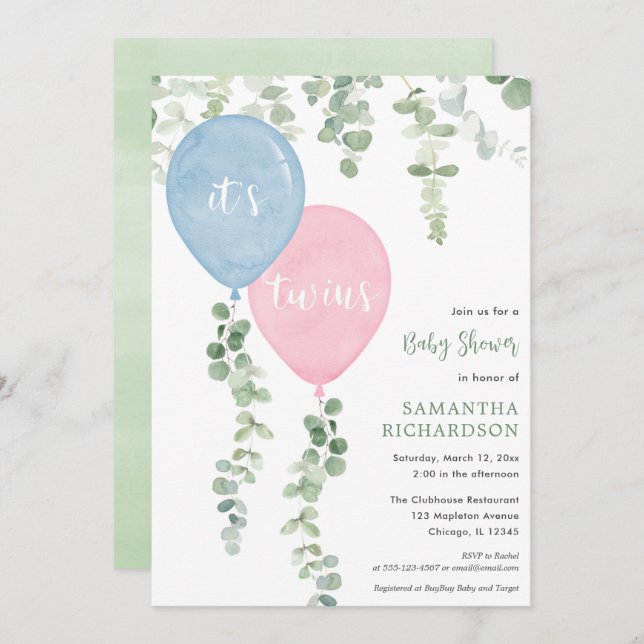 Twillingar-flickans blå rosa-ballonger babydusch inbjudningar (Fram/baksida)