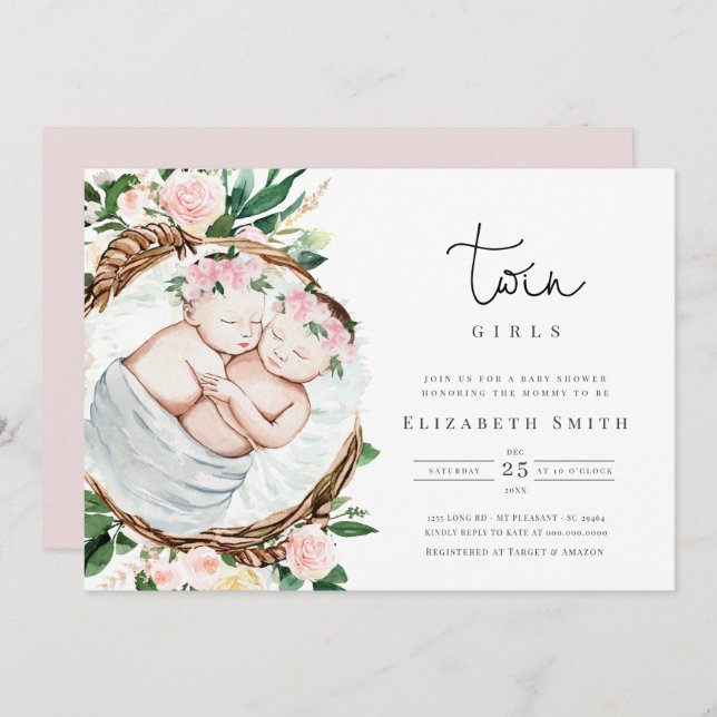 Twillingar Flickans Rosa Blommigtar Vattenfärgsbab Inbjudningar (Fram/baksida)