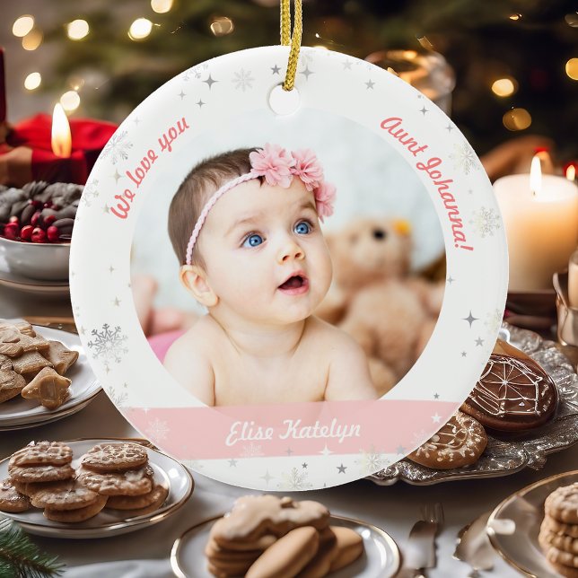 Twillingar Flickor Foton Moster Cute Första jul Ba Julgransprydnad Keramik (Modern Elegant Cute First Christmas Baby Twin Girls We love you Aunt 2 Photos Snowflakes Stars Pink )
