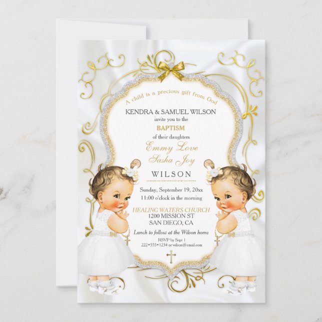 Twillingar för flickor Baptism Christening Guld Wh Inbjudningar (Framsida)