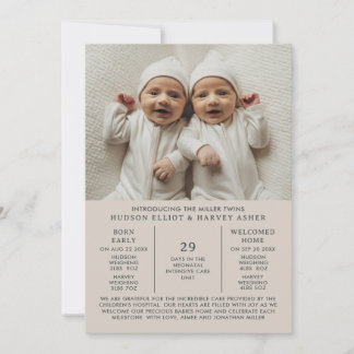 Twillingar för födelsedagspreemie NICU Taupe Card Meddelande