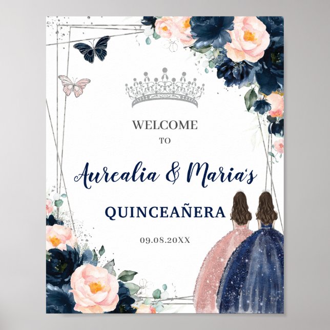 Twillingar för marin  Blommigt Silver Quinceañera Poster (Framsidan)