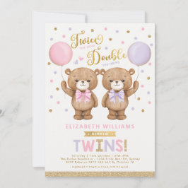 Twillingar för rosa Lila Nalle Ballon Baby Shower Inbjudningar