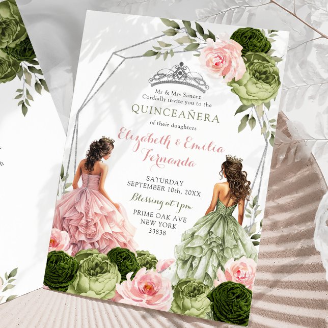 Twillingar för rosa och Grönt Geometric Quinceañer Inbjudningar (Skapare uppladdad)