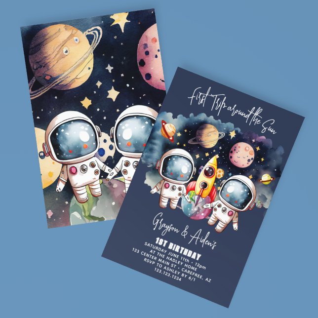 Twillingar Första Resa runt Sol 1:a födelsedag Inbjudningar (Skapare uppladdad)