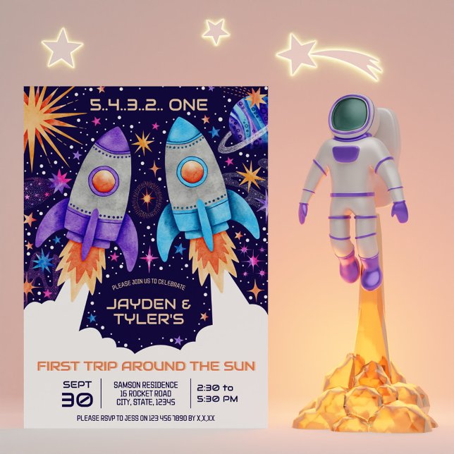 Twillingar första Resa runt Sol Rymden-raketen Inbjudningar (Twins First Trip Around the Sun Outer Space Rocket Invitation)