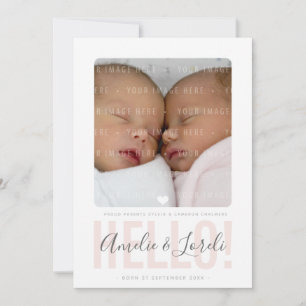 TWILLINGAR FOTO BIRTH ANNOUNCEMENT hej rosa flicko Meddelande