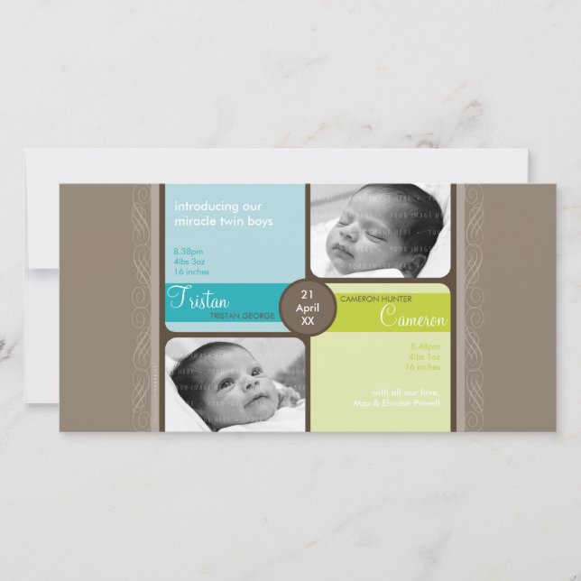 TWILLINGAR FOTO BIRTH ANNOUNCEMENT: omhuldad 2L Meddelande (Framsida)