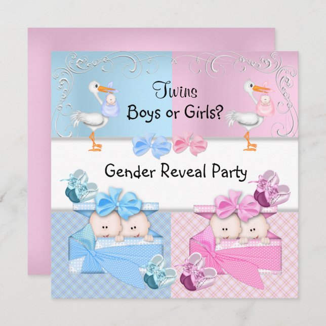 Twillingar Gender Reveal Party Boys eller Girls Bl Inbjudningar (Fram/baksida)