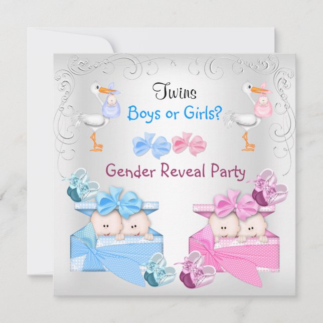 Twillingar Gender Visa Party Boys Girls Blue Rosa Inbjudningar (Framsida)