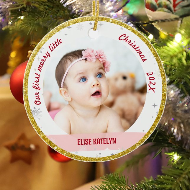 Twillingar Girl Boy 2 Foton 1:a Merry Little jul Julgransprydnad Keramik (Elegant Modern Cute Our first merry little Christmas Twins Baby Girl Boy 2 Photos Snowflakes Golden)