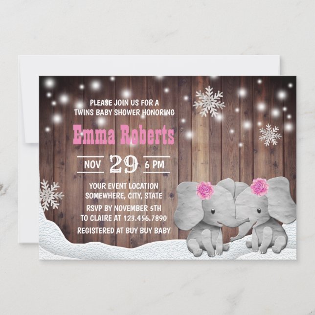 Twillingar Girl Elephant Winter Snowflaes Baby Sho Inbjudningar (Framsida)