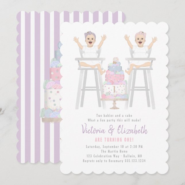 Twillingar Girls Birthday SMash Cake-inbjudan Inbjudningar (Fram/baksida)