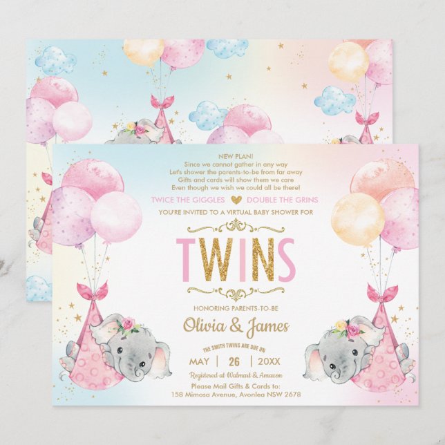 Twillingar Girls Elephant Virtuell Baby Shower by  Inbjudningar (Fram/baksida)