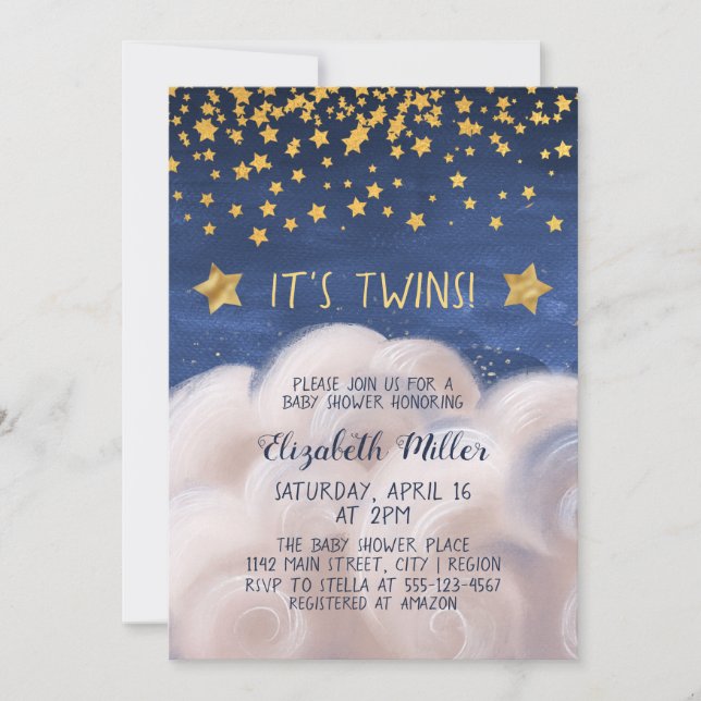 Twillingar Golden Stars Baby Shower-inbjudan Inbjudningar (Framsida)