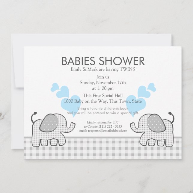 Twillingar Grått Gingham Blue Baby Shower Inbjudningar (Framsida)