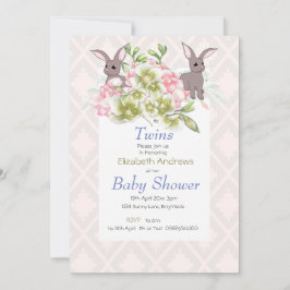 Twillingar Grått och Rosa Blommigt Bunny Shower-in Inbjudningar