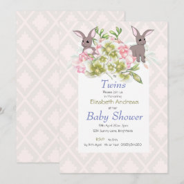 Twillingar Grått och Rosa Blommigt Bunny Shower-in Inbjudningar