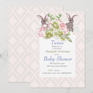 Twillingar Grått och Rosa Blommigt Bunny Shower-in Inbjudningar