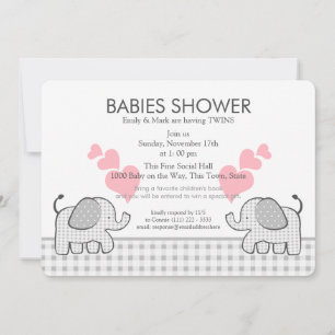 Twillingar Grått Rosa Gingham Baby Shower Inbjudningar