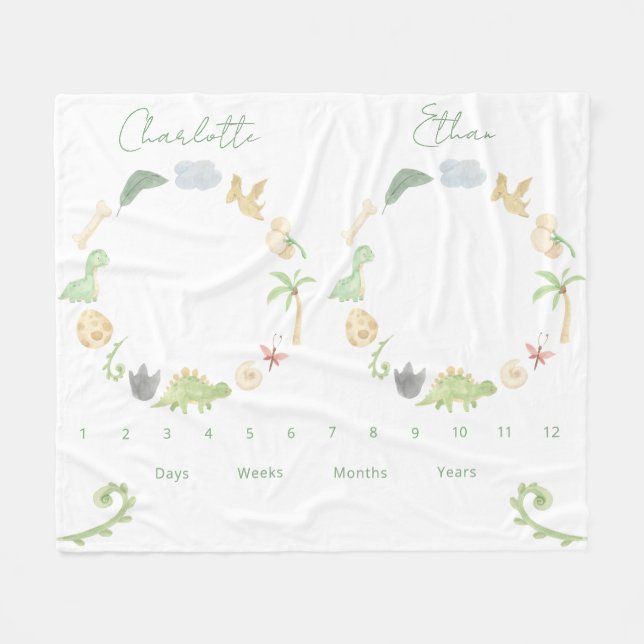 Twillingar Growth Tracker Kön Neutral Dinosaurs Fleecefilt (Framsidan (Horisontell))