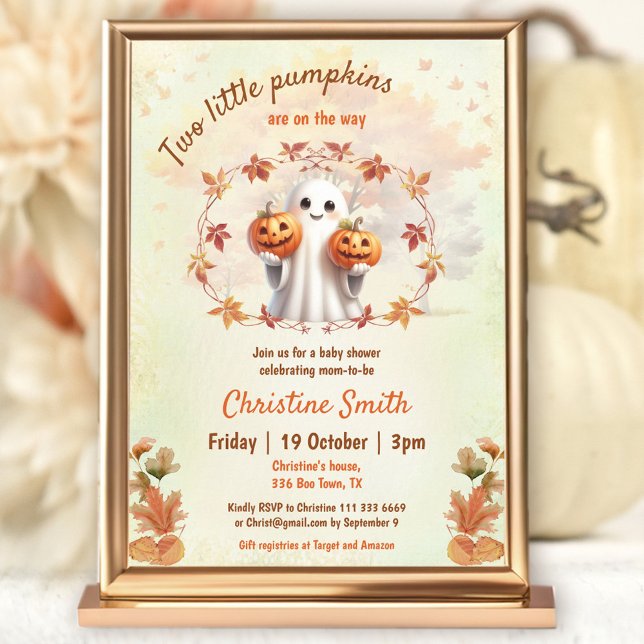 Twillingar Halloween Pumpkin Ghost Neutralt Baby S Inbjudningar (Twins Halloween Pumpkin Ghost Neutral Baby Shower Invitation)