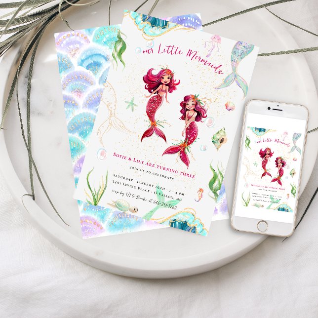 Twillingar | Havsfärg Glitter Sjöjungfru Birthday Inbjudningar (Skapare uppladdad)