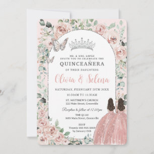Twillingar i Blommigt Princesses Silver Quinceañe Inbjudningar
