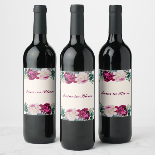 Twillingar i Bloom Baby Shower Vinflaska Etikett (Flaskor)