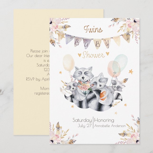 Twillingar i Raccoon Family Boho Baby Shower Inbjudningar (Fram/baksida)