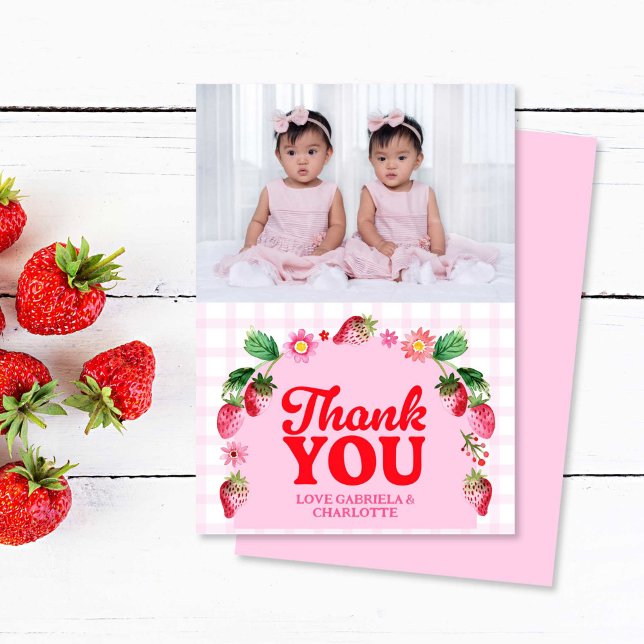 Twillingar Joint Berry First Birthday Strawberry P Tack Kort (Twins Joint Berry First Birthday Strawberry Photo Thank You Card)