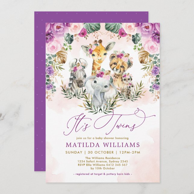 Twillingar Jungle Safari Animals Boho Girl Baby Sh Inbjudningar (Fram/baksida)