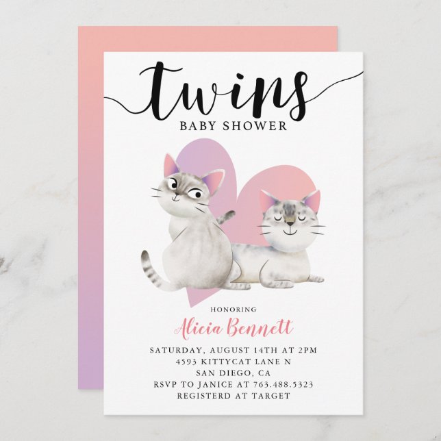 Twillingar Kitten Kattunge Baby Shower Inbjudningar (Fram/baksida)