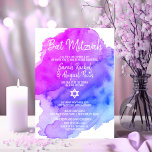 Twillingar Lila med vattenfärg, BAT MITZVAH stjärn Inbjudningar<br><div class="desc">** Twillingar **Vackra religiösor Judiska Bat mitzvah inbjudningskort. Lätt vattenfärgspastel lila,  violett,  blå,  turkos med David-stjärnan i vitt. Modern manus brev. "Kallas till TORAH som Pub Mitzvah". Perfekt för 12-årig dotter. Enkel att redigera - lägg bara till information/text.</div>