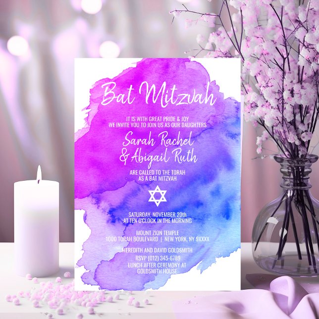 Twillingar Lila med vattenfärg, BAT MITZVAH stjärn Inbjudningar (Twins Watercolor Purple Blue Star BAT MITZVAH Invitation)