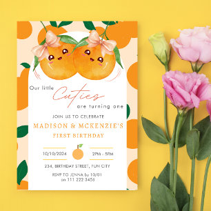 Twillingar Little Cuties Orange 1:a födelsedag Inbjudningar
