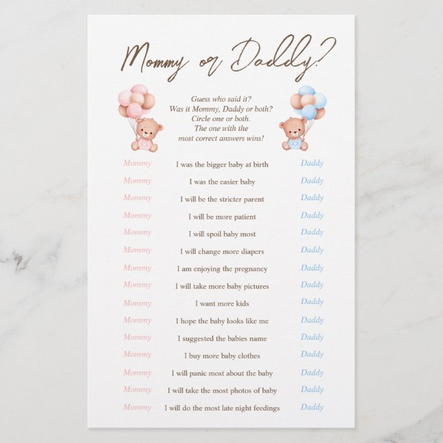 Twillingar Mamma eller pappa Bear Baby Shower-spel Flygblad (Framsidan)