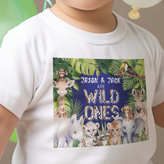 Twillingar, marinblått, Vild 1 Safari, Jungle Boy  T Shirt (Navy Blue Twins Wild Ones safari Themed Baby boys 1st birthday t-shirt)
