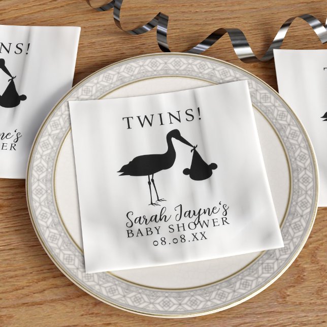 Twillingar med enkel Stork Baby Shower White Napki Pappersservett (Twins! Choose the color of your baby shower napkins or keep the classic black stork with white.)