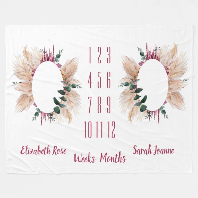 Twillingar Milestone Baby Blanket Pampas & Eucalyp Fleecefilt (Framsidan (Horisontell))