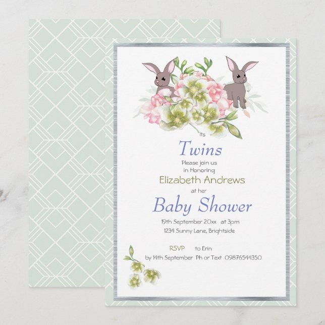 Twillingar Mint Blommigt Bunny Baby Shower-inbjuda Inbjudningar (Fram/baksida)